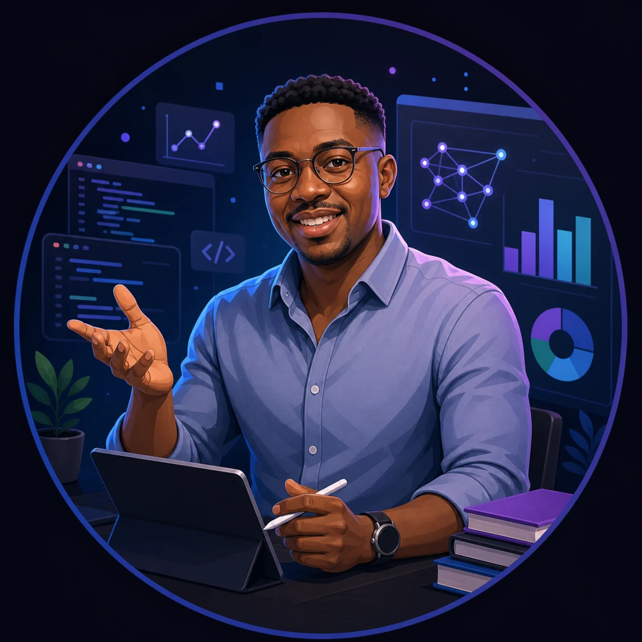 Illustration d'un formateur tech présentant le développement web, la data et l'IA